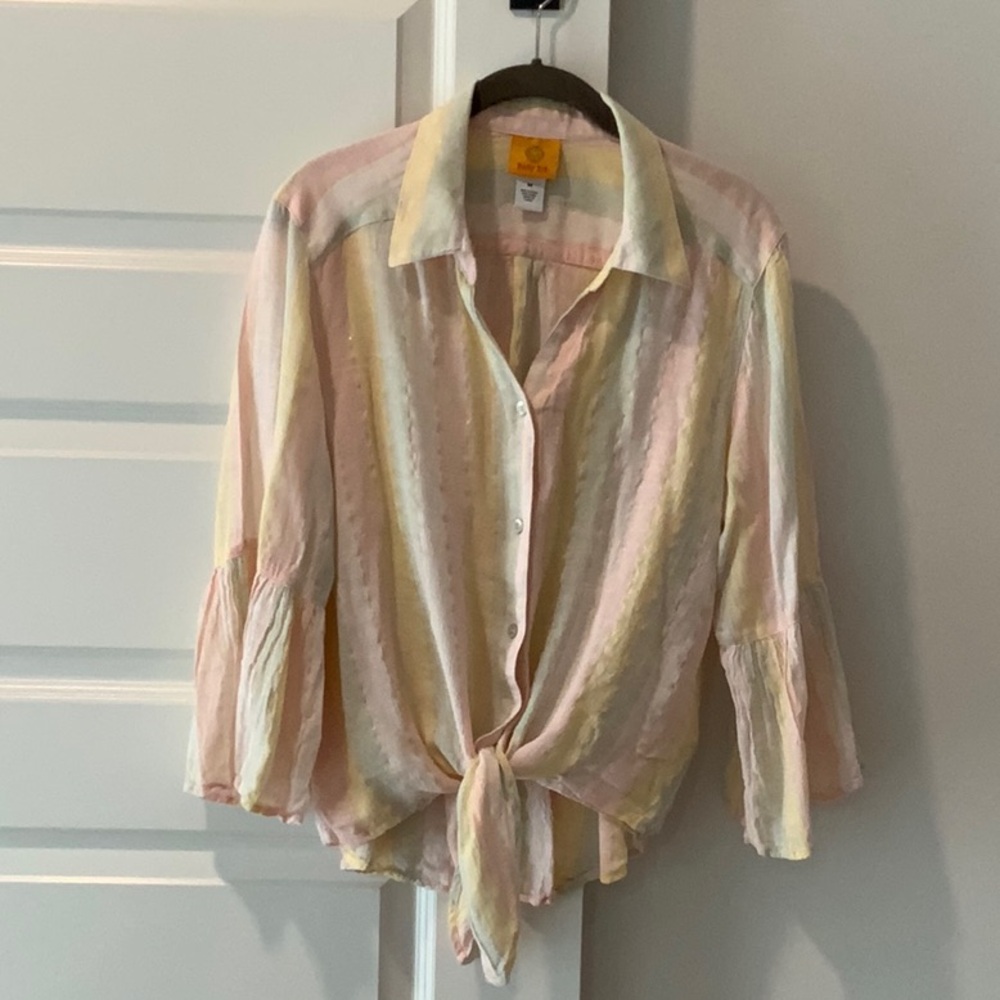 Ruby Rd Pink and Yellow 3/4 Sleeve Tie Front Blouse